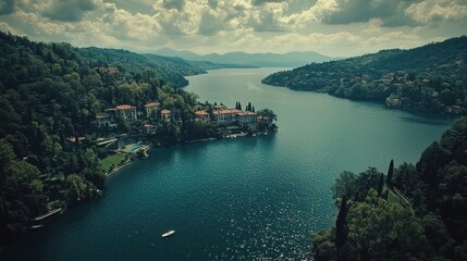 Fototapeta premium Scenic lake vista with villas and lush greenery.