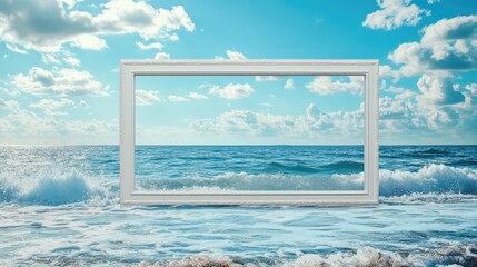 Tranquil Ocean Background Framed in White Coastal Photo Frame Against Serene Waves and Blue Sky