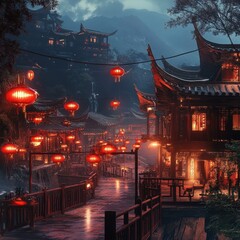 Fototapeta premium Illuminated Chinese Village Street at Night
