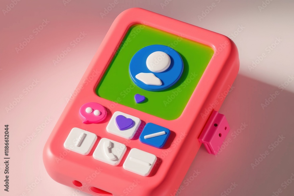 Poster A playful 3D render of a pink mobile phone displaying a user profile, symbolizing modern communication and social connection.