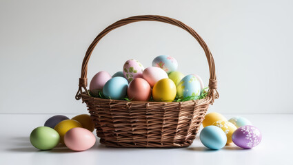 wicker basket filled with colorful Easter eggs, surrounded by more painted eggs on white background, creating festive and cheerful atmosphere