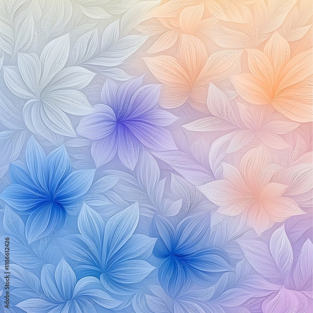 Poster Pastel Hued Gradient Background with Intricate Hand Drawn Repeating Floral Pattern in a Luminous Ethereal and Impressionist Inspired Visual Style  Calm and Tranquil Studio Scene with a Delicate Soft