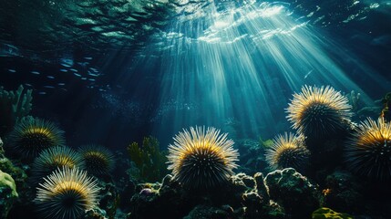 Sea Urchins in Vibrant Coral Reef Underwater Scene with Sunlight Beams Illuminating Marine Life in Ocean Ecosystem