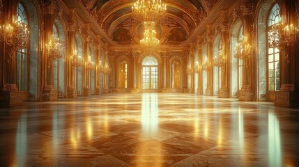 Fototapeta premium Grand, opulent ballroom with chandeliers and light.