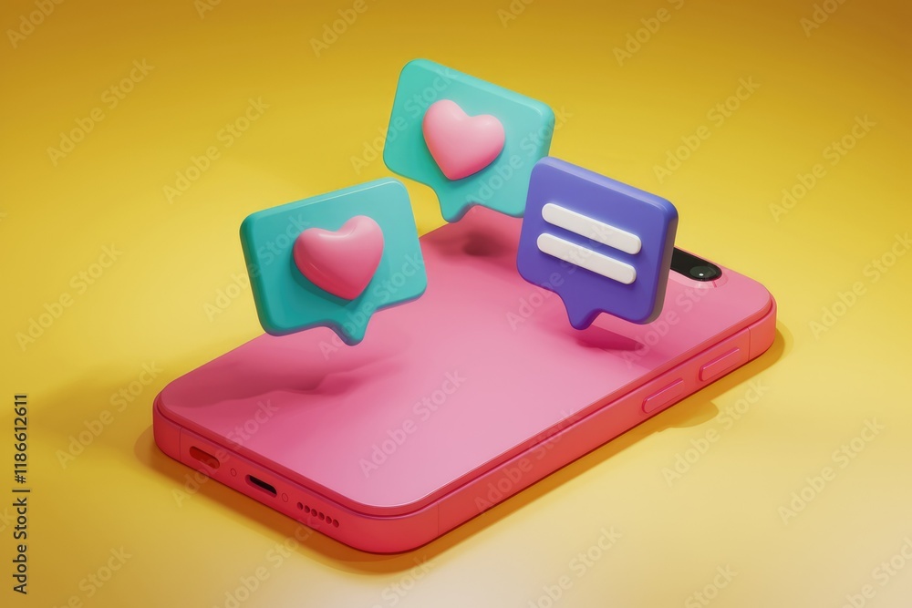 Poster 3d render of colorful heart and equal sign icons above a pink smartphone, symbolizing social media l