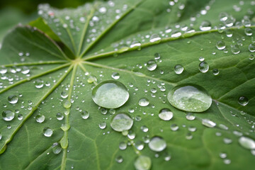 Macro shot of fresh water droplets on a green leaf