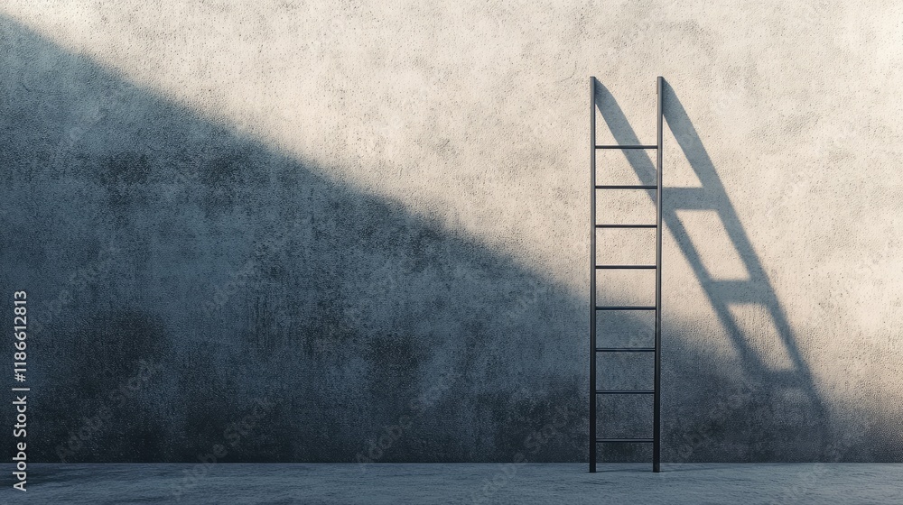 Poster minimalist metal ladder casting a soft shadow against a textured cement wall in an architectural set