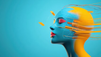 Abstract representation of a futuristic female head with vibrant blue and yellow colors showcasing technology, digital art, and creative design elements against a bright background.