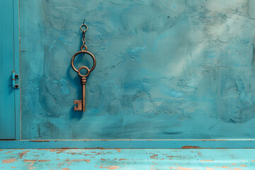 Escape Room Concept: Key on Blue Background with Copy Space