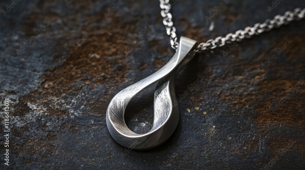 Poster elegant silver pendant in teardrop shape gracefully displayed on a textured dark background with a d