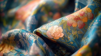 Fototapeta premium Elegant silk fabric with intricate floral patterns showcasing traditional textile artistry and rich cultural heritage.