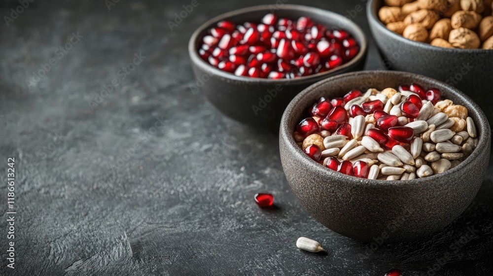Aufkleber bowls of sunflower seeds pomegranate and nuts on rustic background with empty copy space for healthy