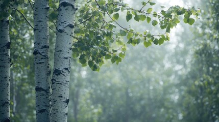 Fototapeta premium Silvery poplar trees with lush green leaves in a misty forest setting creating a serene natural background for desktop wallpapers