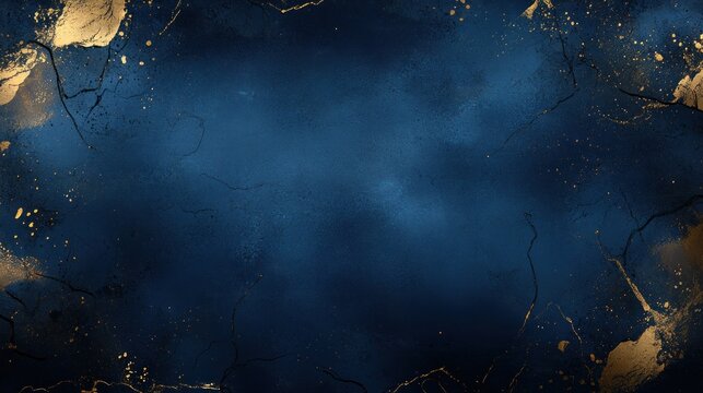 Abstract navy blue background with gold splatters and cracks.