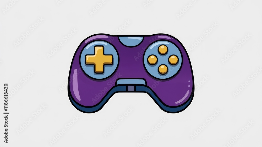 Poster purple game controller with yellow buttons, digitally illustrated.