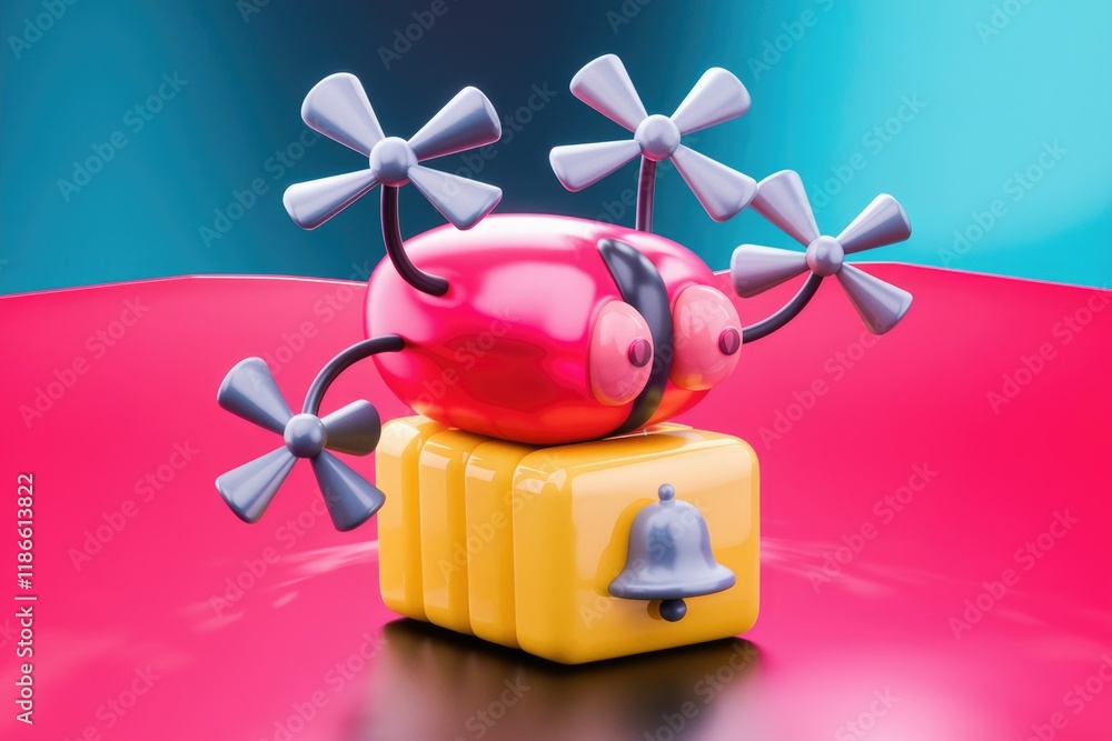 Leinwandbilder a whimsical 3d rendering of a pink bug with propellers perched on a yellow box with a bell.