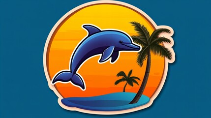 Fototapeta premium Happy dolphin leaping over a tropical island sunset. Perfect for summer vibes!