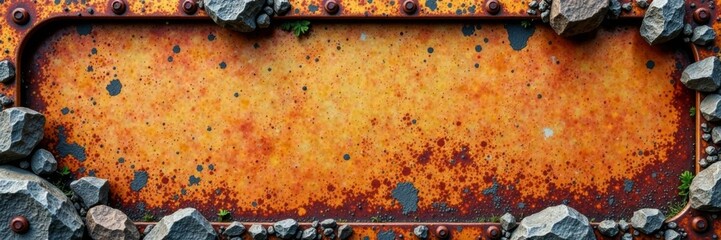 Weathered metal surface with rusty orange hue and rough rock border, blending into the natural landscape, desert, weathered metal