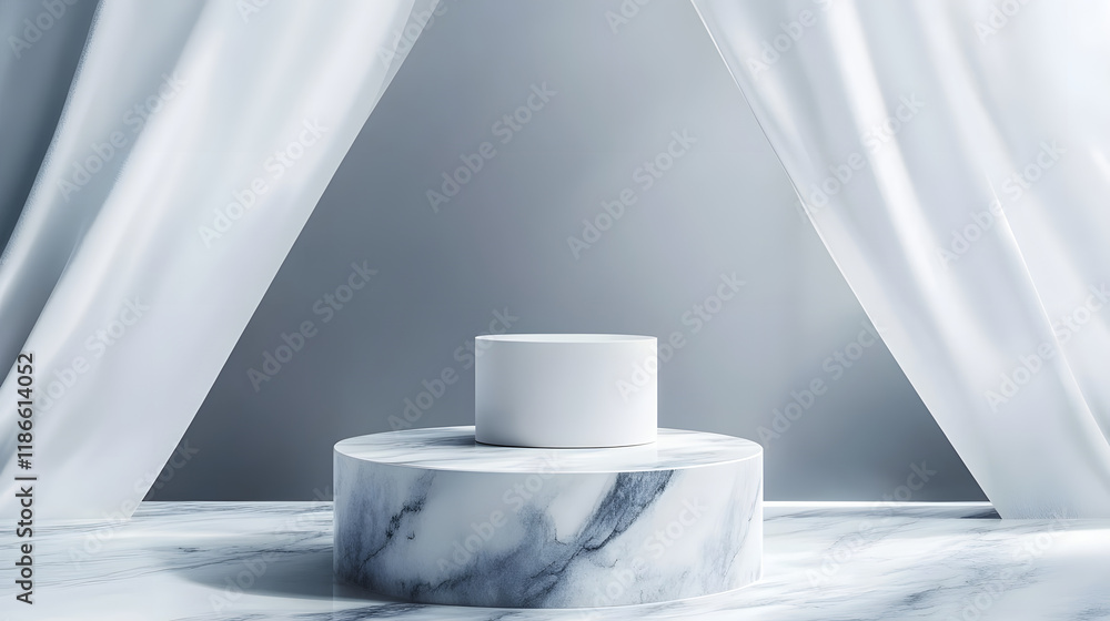 Poster elegant 3d white and gray cylinder stand podium with overlapping triangles perfect for product displ