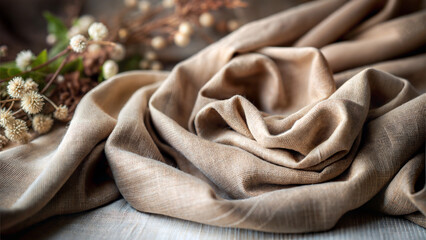 Soft beige fabric elegantly draped with dried floral elements on a wooden surface
