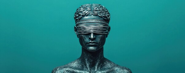 law restriction control concept. A striking statue of a blindfolded figure against a teal background, symbolizing perception and insight.