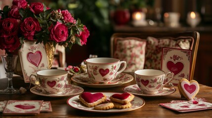 Valentine’s tea party setup with floral tea sets, heart-shaped cookies, and vintage Valentine’s cards