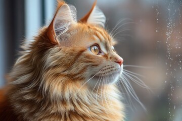 Close-up of a ginger cat gazing out a window, with sunlight casting soft patterns on its fur, shallow depth of field.