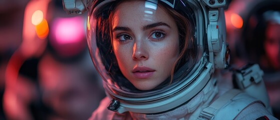 A close-up of a female astronaut in a space suit, surrounded by a colorful, futuristic environment.