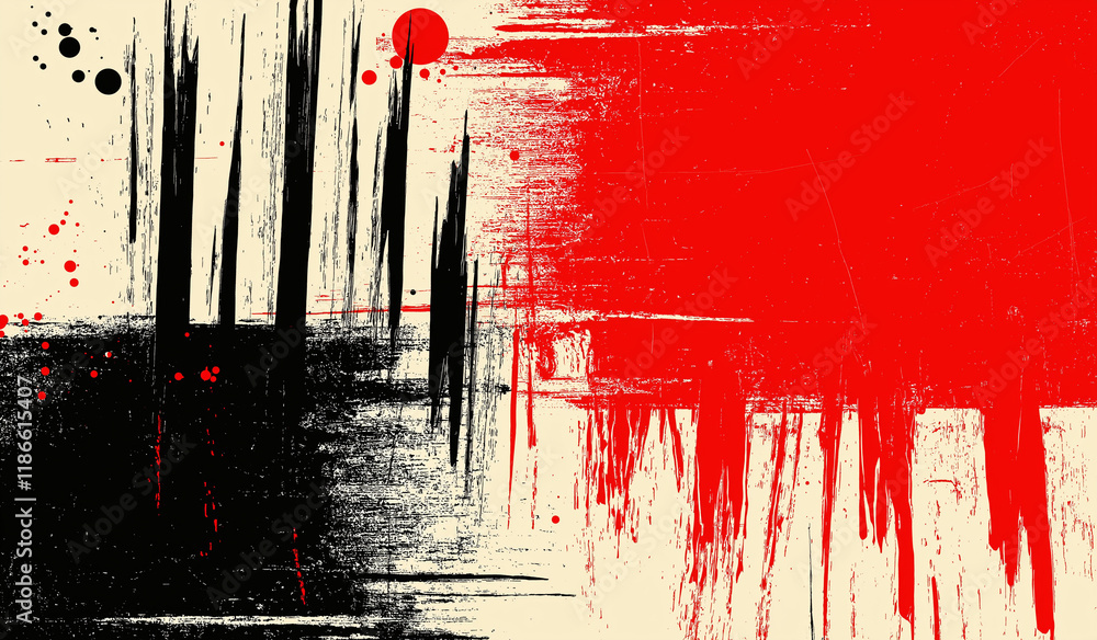 Poster abstract red and black gradient background with textured brush strokes on the left and solid red on 