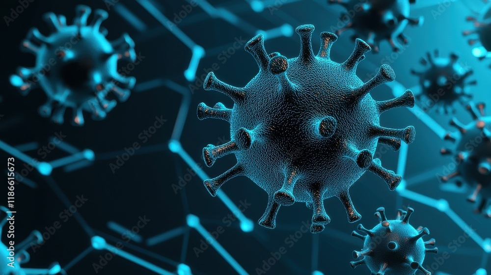 Poster glowing virus shields in dynamic floating scene