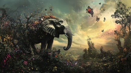 Elephant Emerging From A Floral And Dreamlike Landscape
