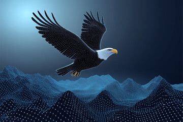 Fototapeta premium Glowing wireframe illustration of a majestic eagle soaring above mountains on a transparent background, highlighted by a combination of blue and black data points