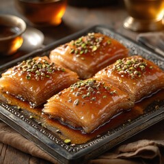 Delicious golden baklava pastries, topped with pistachios, arranged on an ornate metal tray.  Close-up shot showcasing the sweet treat's texture and rich glaze.