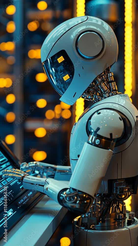 Aufkleber robotic figure works on a futuristic control panel in a neon-lit environment with advanced technolog