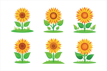 Six vibrant sunflower illustrations against a white background.