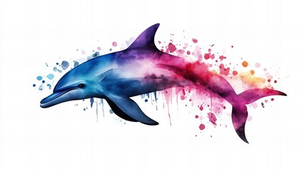 Fototapeta premium Vibrant watercolor painting of a dolphin leaping through colorful splashes. A beautiful underwater scene.