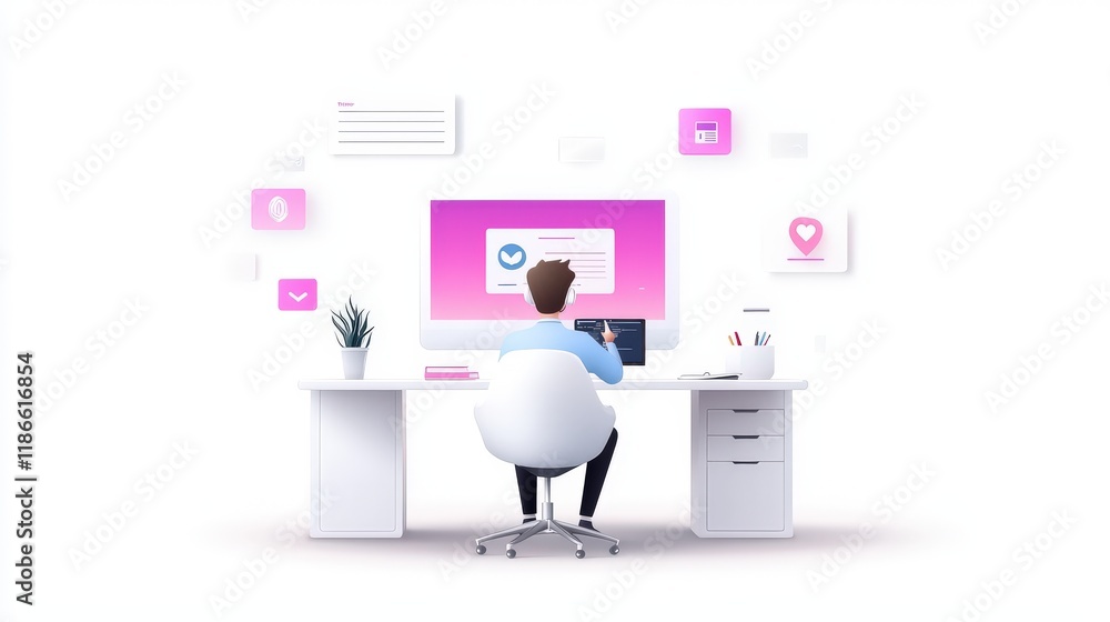 Poster a person sitting at a desk, engaging in a remote onboarding process via video call, reviewing welcom