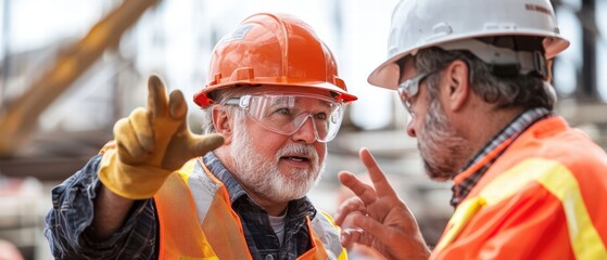 Industrial Hygiene Safety Management in the Workplace. Two construction workers in safety gear engage in a serious discussion on site, emphasizing teamwork and communication in a busy environment.