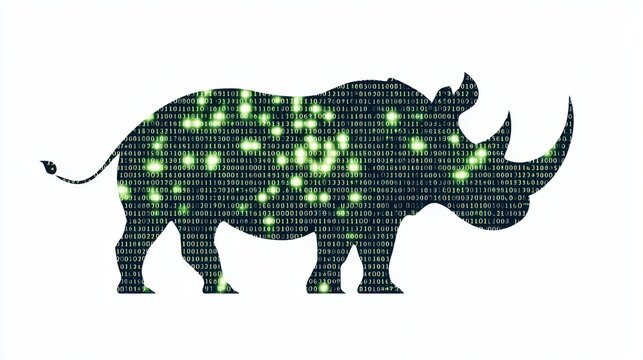 A stylized silhouette of a rhinoceros filled with glowing green binary code, symbolizing technology and wildlife conservation.