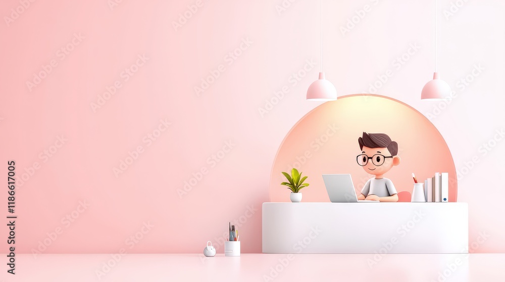 Poster a person using a flexible work environment at home, with a laptop on a desk in a bright room, combin