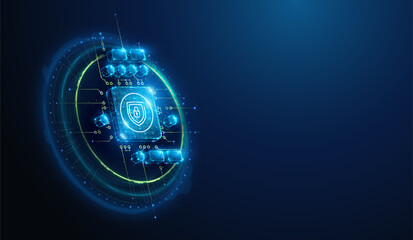 Abstract illustration of low poly shield with lock lineart icon on cpu microchip. Geometric background on security and privacy of artificial intelligence technology hardware concept by wireframe mesh