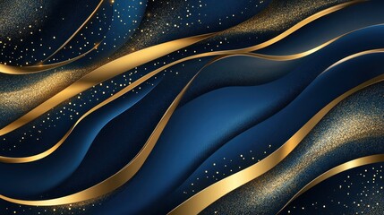 Abstract navy blue and gold wavy background with glitter. (1)