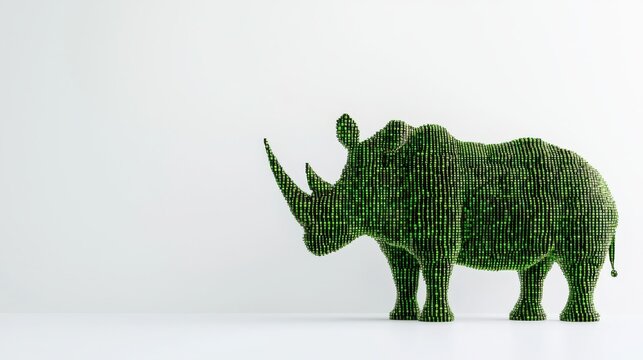 A green, stylized rhinoceros figure made from small, textured elements, set against a minimalistic background, symbolizing nature and conservation.