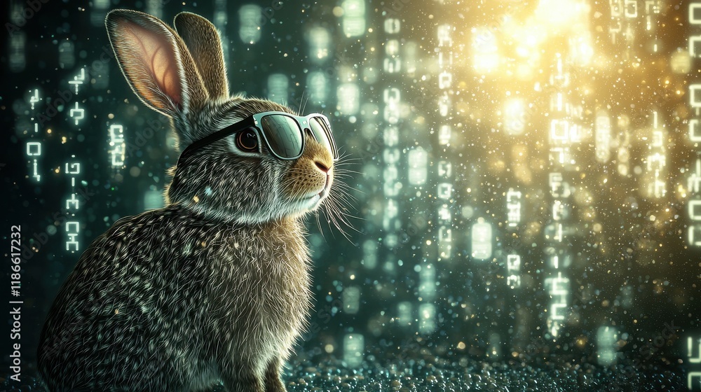 Poster a futuristic rabbit wearing sunglasses stands against a backdrop of glowing digital data, creating a