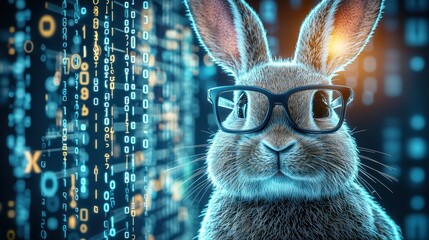 A futuristic rabbit wearing glasses, set against a backdrop of glowing digital numbers, symbolizes intelligence in a tech-inspired world.