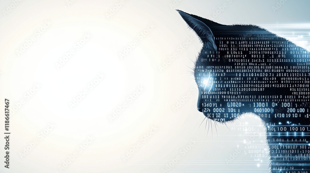Poster a digital silhouette of a cat, with glowing eyes amidst a backdrop of binary code, symbolizing the f