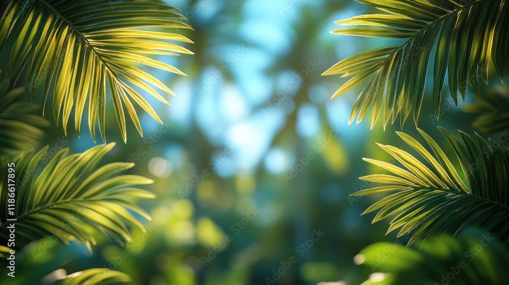 Wall mural Lush green palm leaves frame a bright, sunny tropical background.