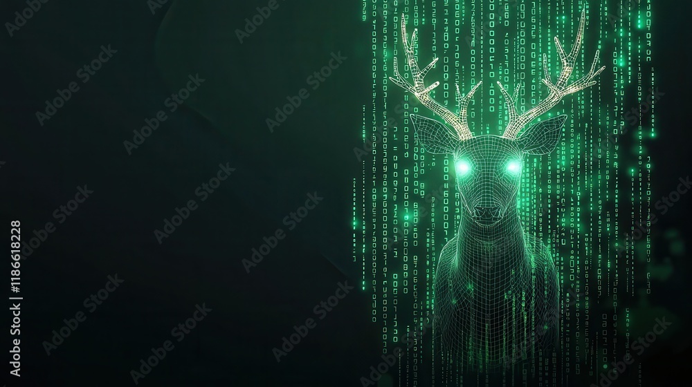 Poster a digital artwork featuring a glowing deer silhouette surrounded by green binary code, blending natu