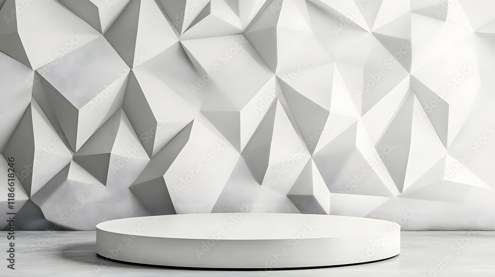 Poster elegant 3d white and gray cylinder stand podium with overlapping triangles perfect for product displ