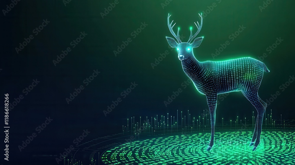 Poster a digital deer with glowing, circuit-like features stands on a circular field of light, blending nat